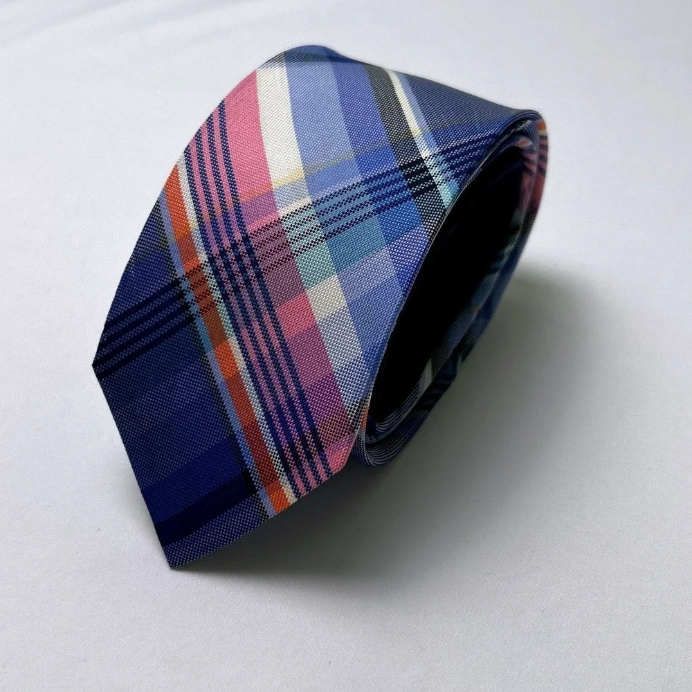 Tommy Hilfiger Mens Silk Plaid Madras Check Necktie Blue Pink Multi 61